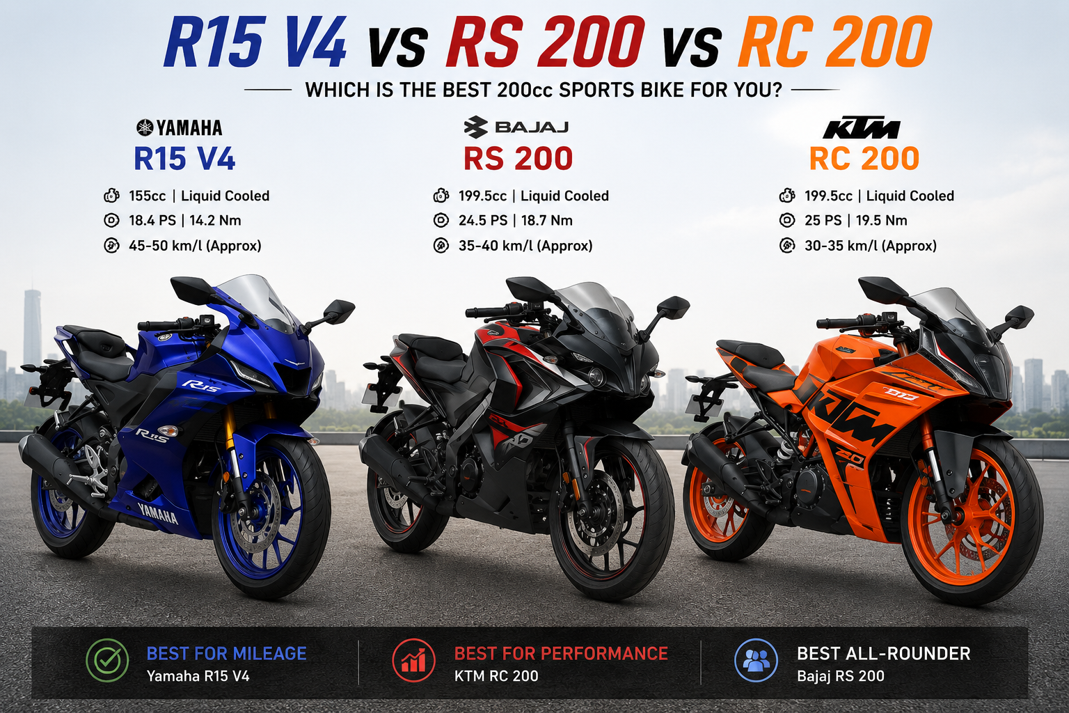 Yamaha R15 V4, Bajaj Pulsar RS200 and KTM RC 200 side by side