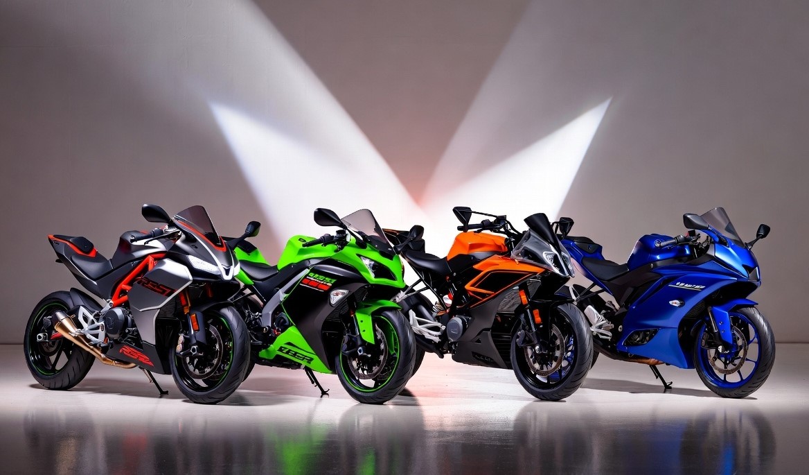 Aprilia RS 457, Kawasaki Ninja 500, KTM RC 390 and Yamaha R3 side by side