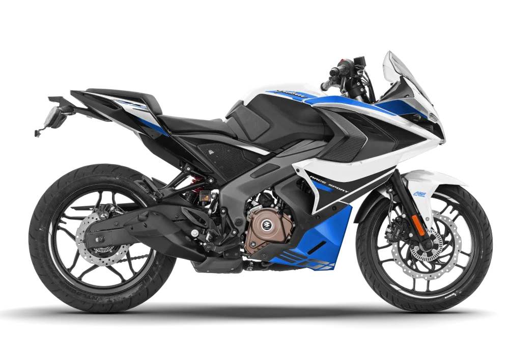 Bajaj Pulsar RS200 White Blue side view