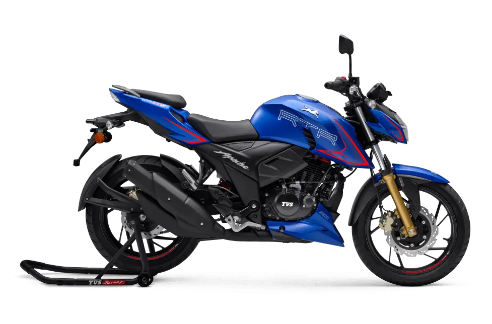 TVS Apache RTR 200 4V blue cornering on ghat road